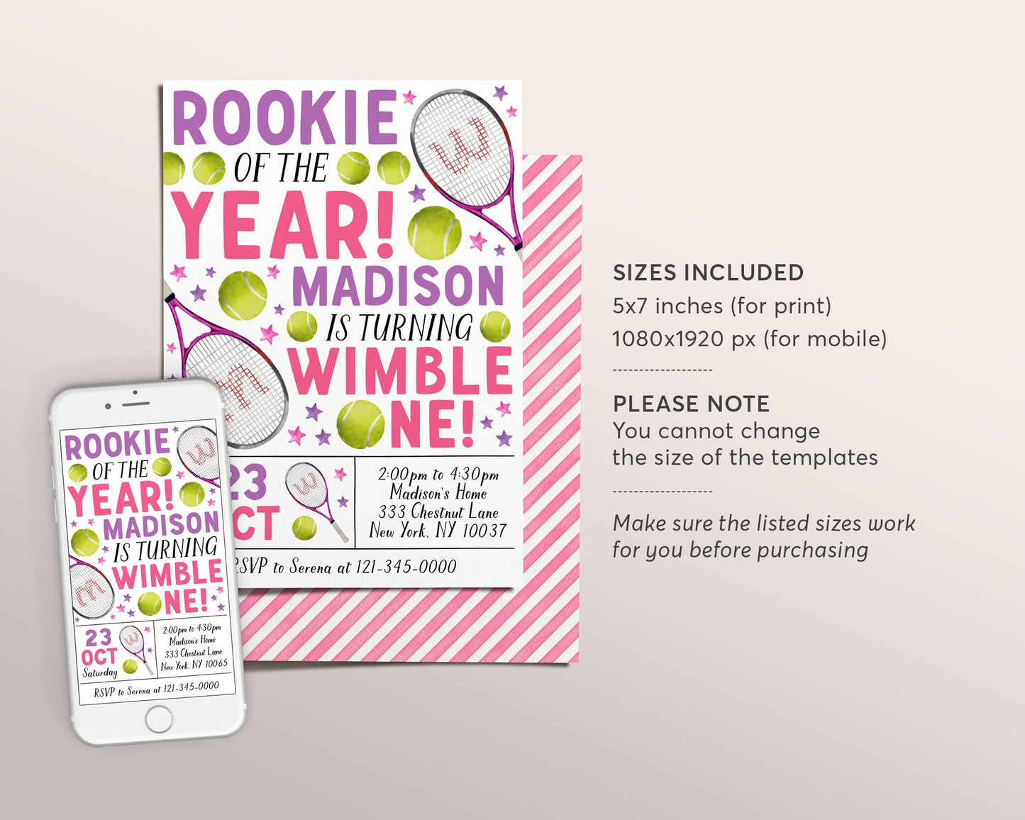 Tennis First Birthday Invitation Editable Template, Girl Wimble-One Tennis Ball Party Invite, Kids Sports Theme Evite, Game Match Tournament