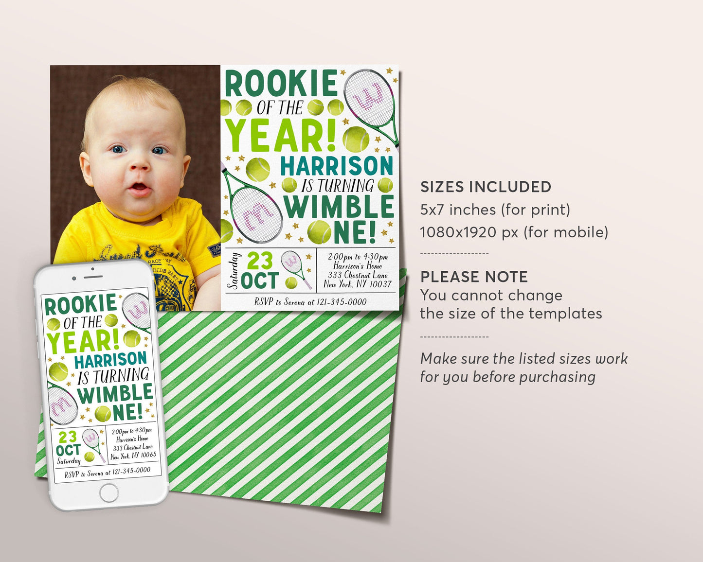 Tennis First Birthday Invitation With Photo Editable Template, Boy Wimble-One Tennis Ball Party Invite, Sports Rookie Of The Year Evite