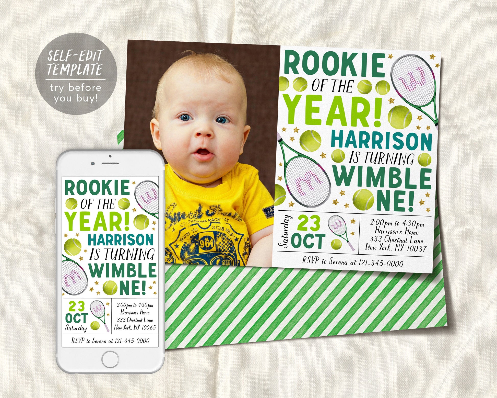 Tennis First Birthday Invitation With Photo Editable Template