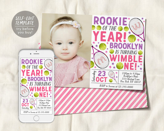 Tennis First Birthday Invitation With Photo Editable Template