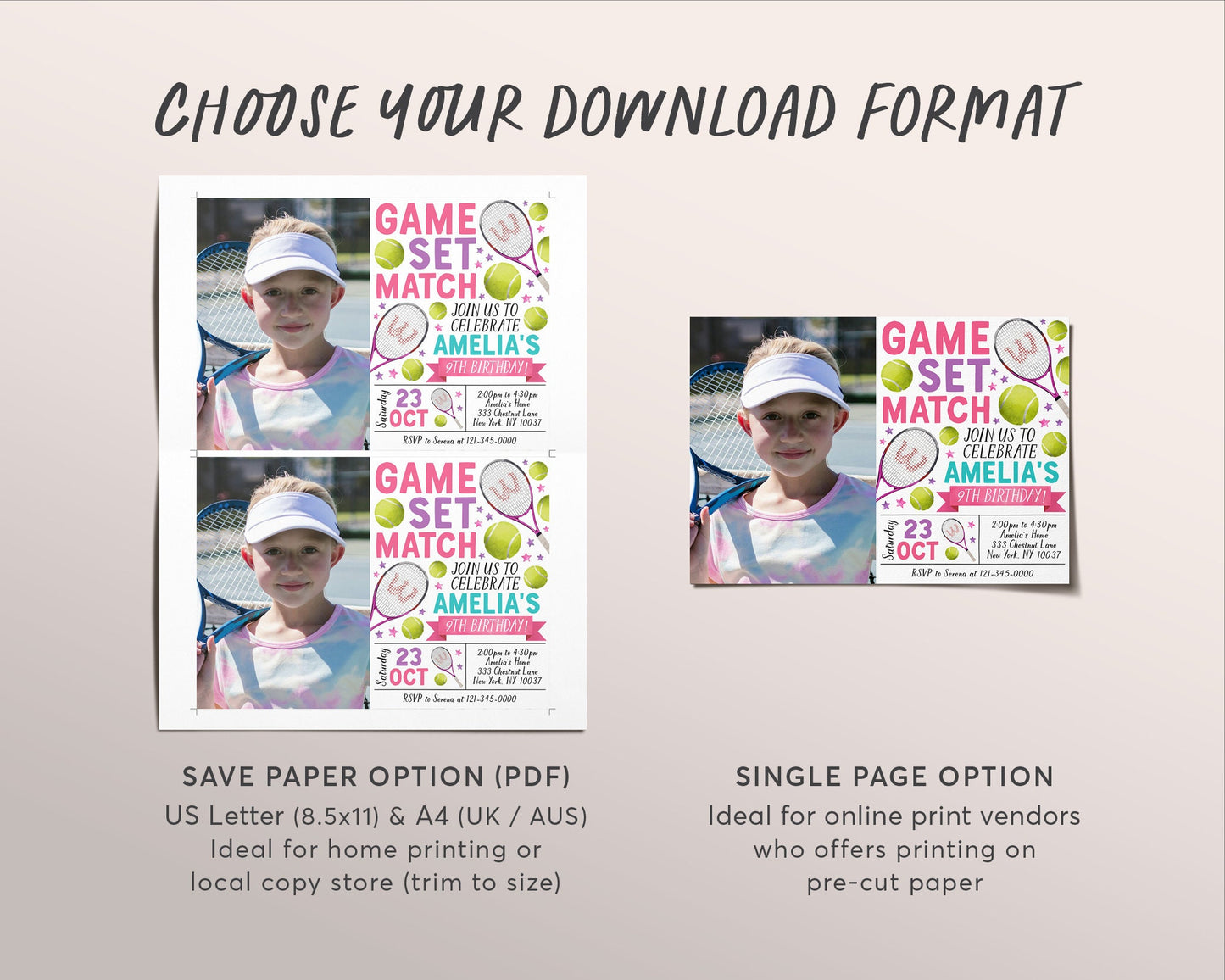 Tennis Birthday Invitation With Photo Editable Template, Girl Tennis Ball Party Invite, Kids Sports Theme Evite, Tennis Game Match Printable