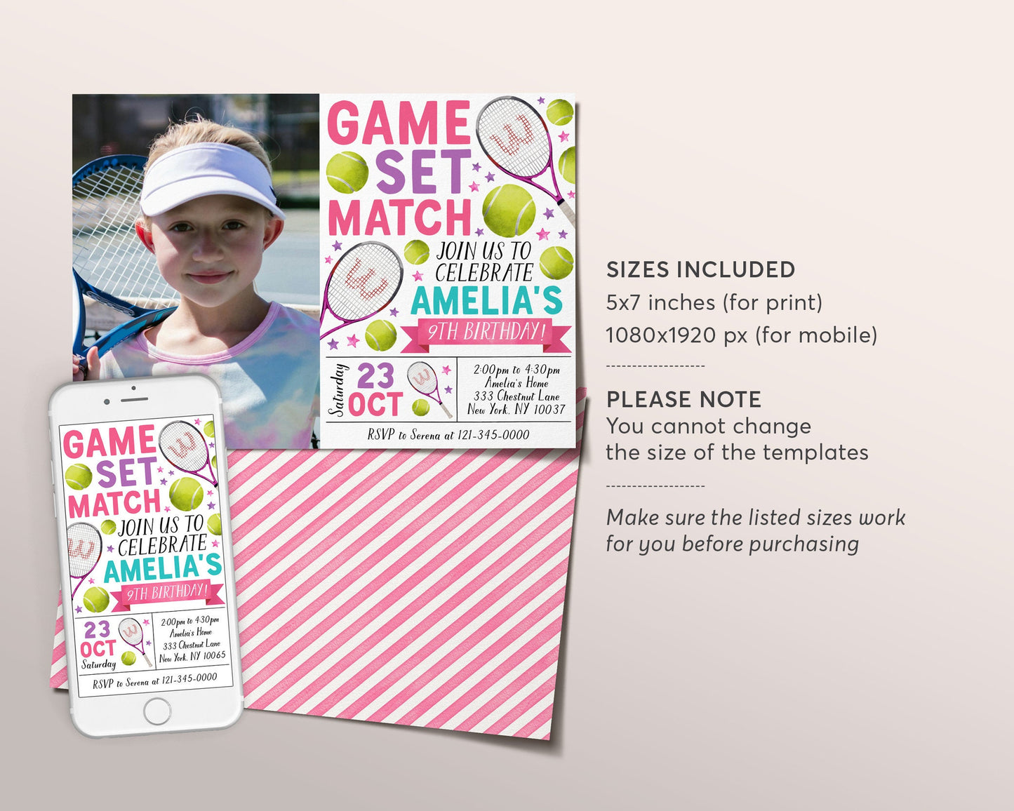 Tennis Birthday Invitation With Photo Editable Template, Girl Tennis Ball Party Invite, Kids Sports Theme Evite, Tennis Game Match Printable