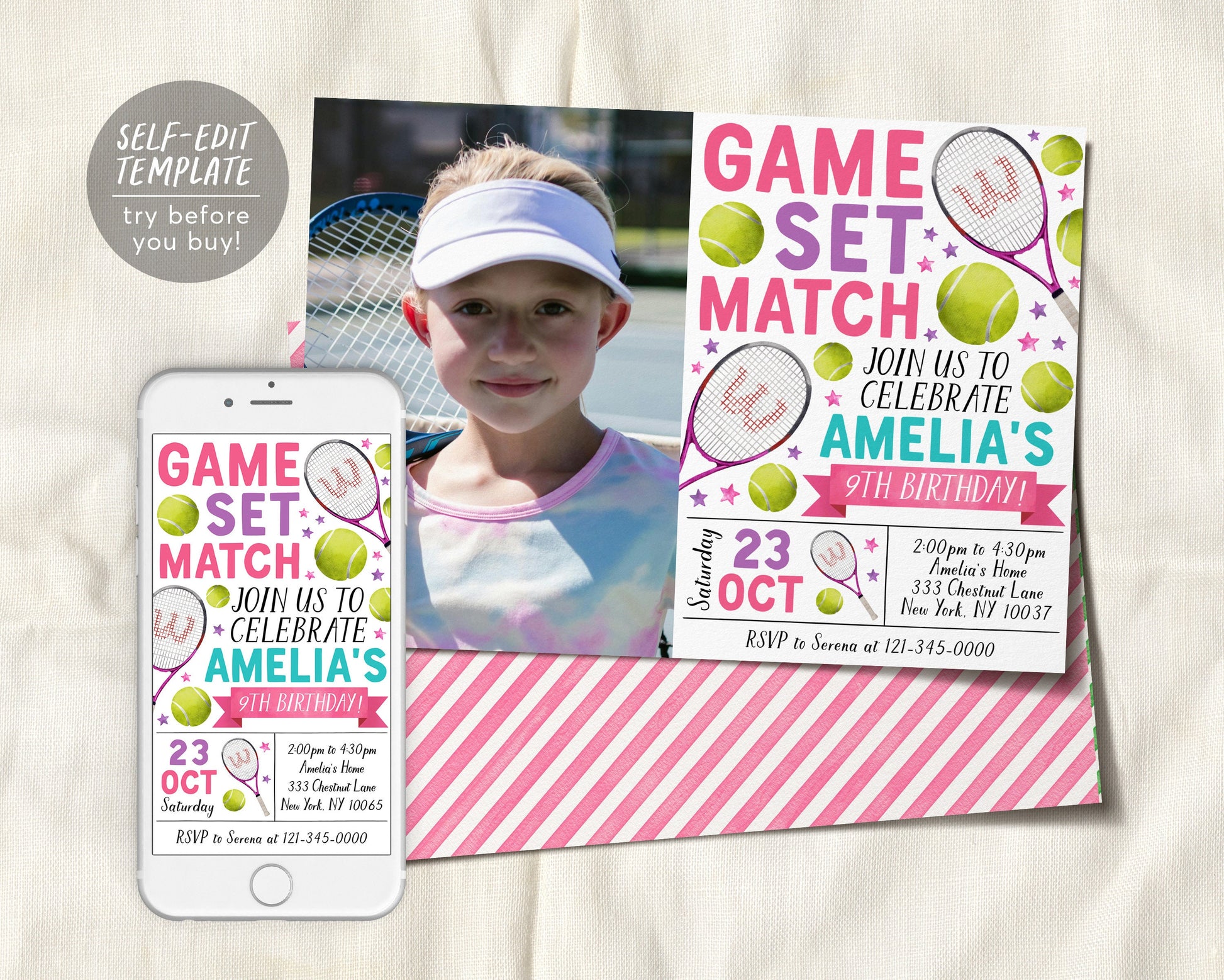 Tennis Birthday Invitation With Photo Editable Template