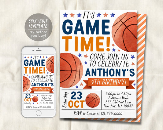 Basketball Birthday Invitation Editable Template