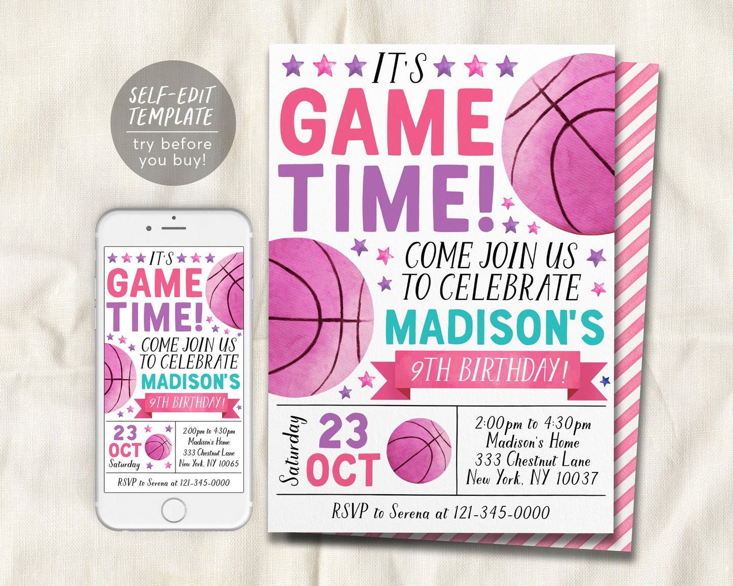 Basketball Birthday Invitation Editable Template