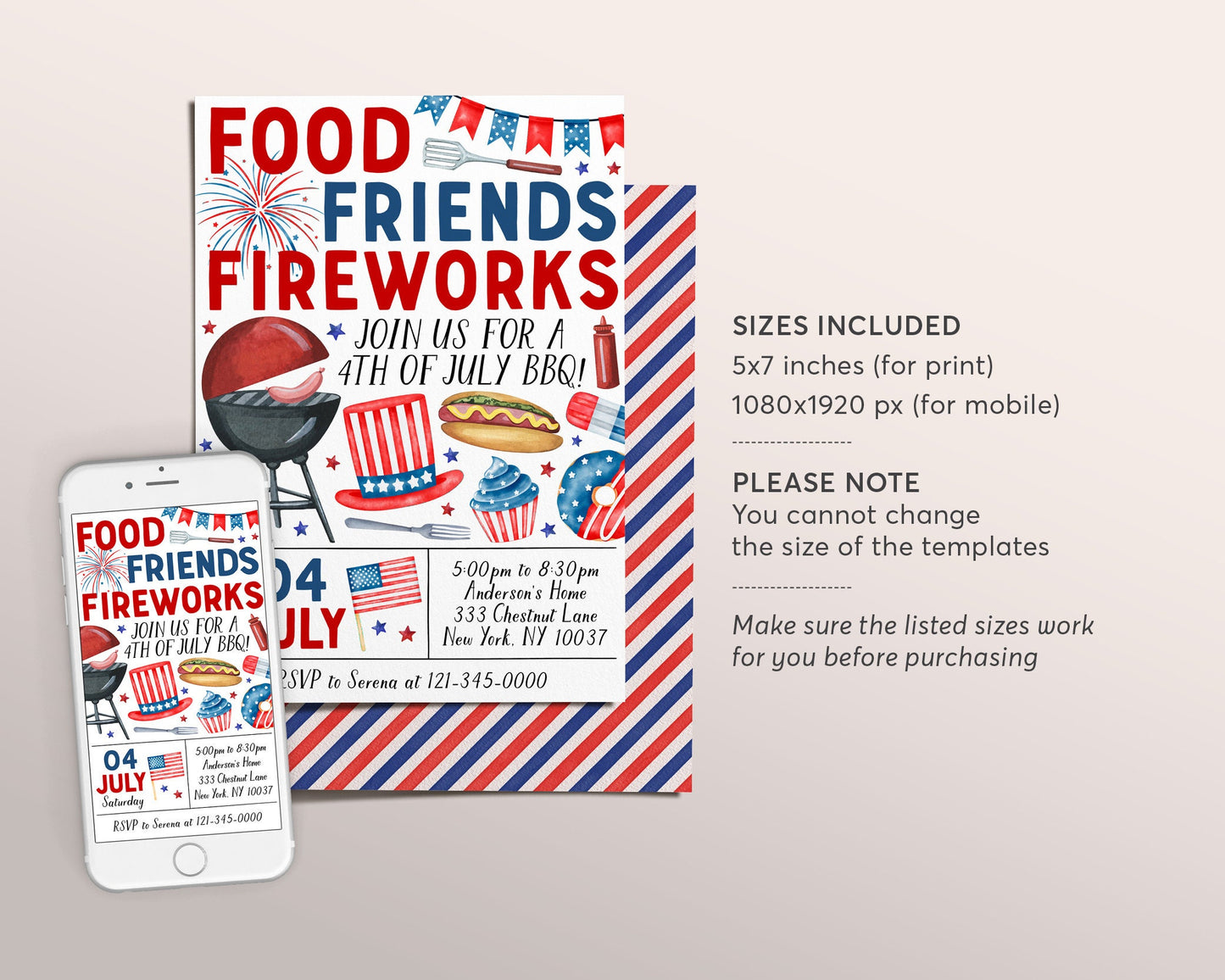 4th of July Invitation Editable Template, Fourth of July Celebration BBQ Fireworks Invite, Independence Day Neighborhood Block Party Picnic