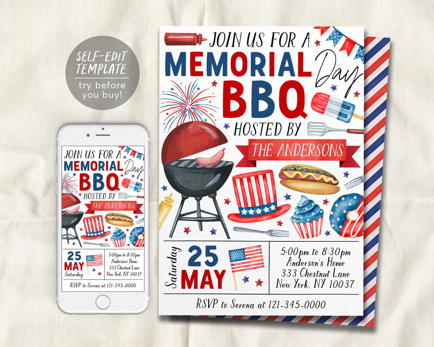Memorial Day BBQ Invitation Editable Template