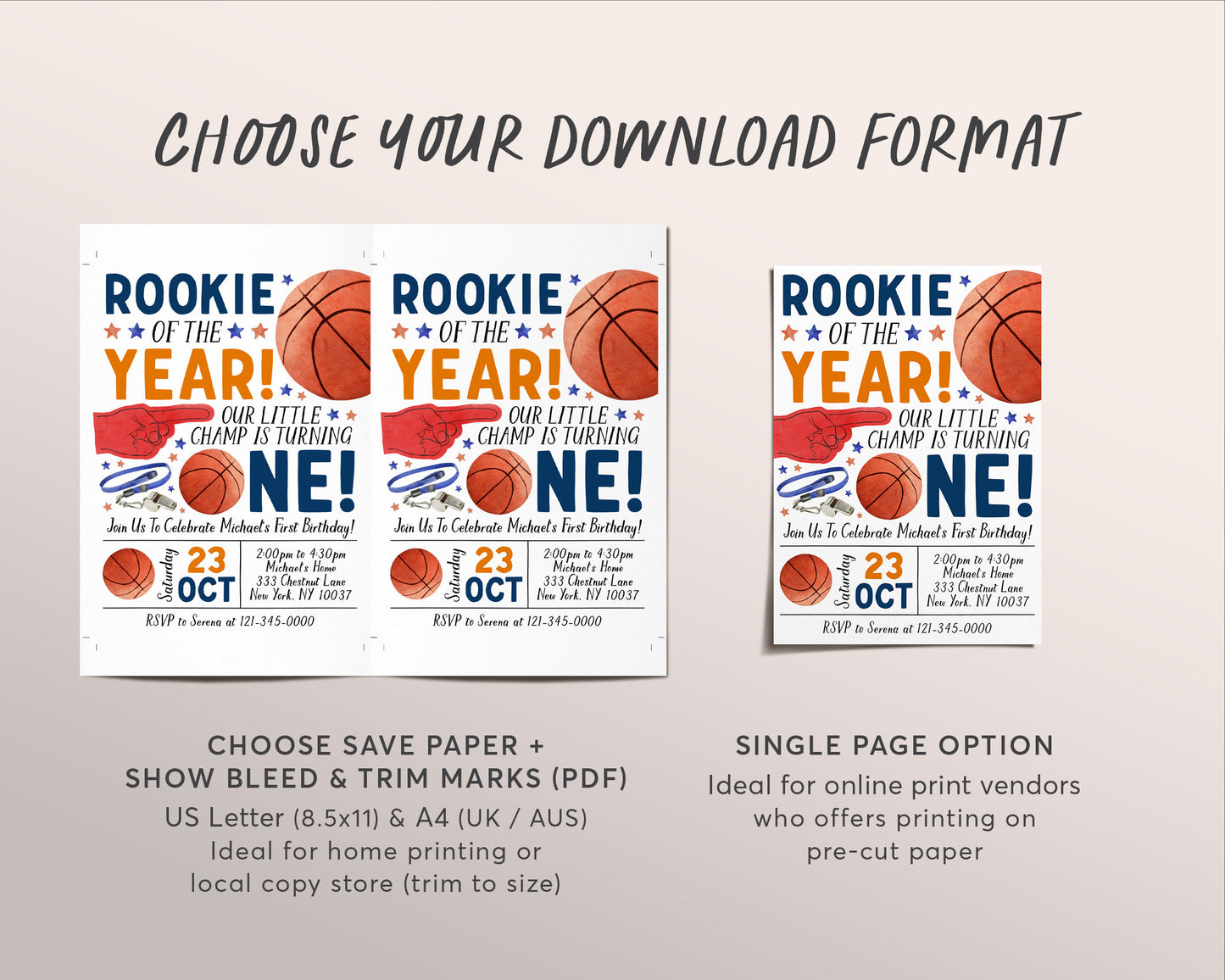 Basketball First Birthday Invitation Editable Template, Rookie Of The Year Party Invite, Kids Sports Theme Evite, It's Game Time Slam Dunk