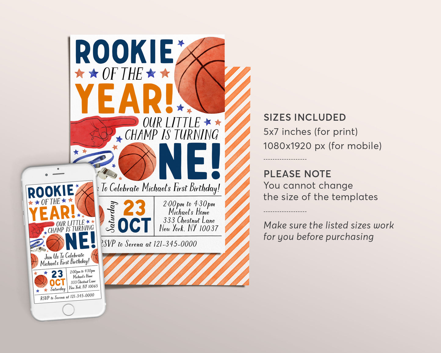 Basketball First Birthday Invitation Editable Template, Rookie Of The Year Party Invite, Kids Sports Theme Evite, It's Game Time Slam Dunk