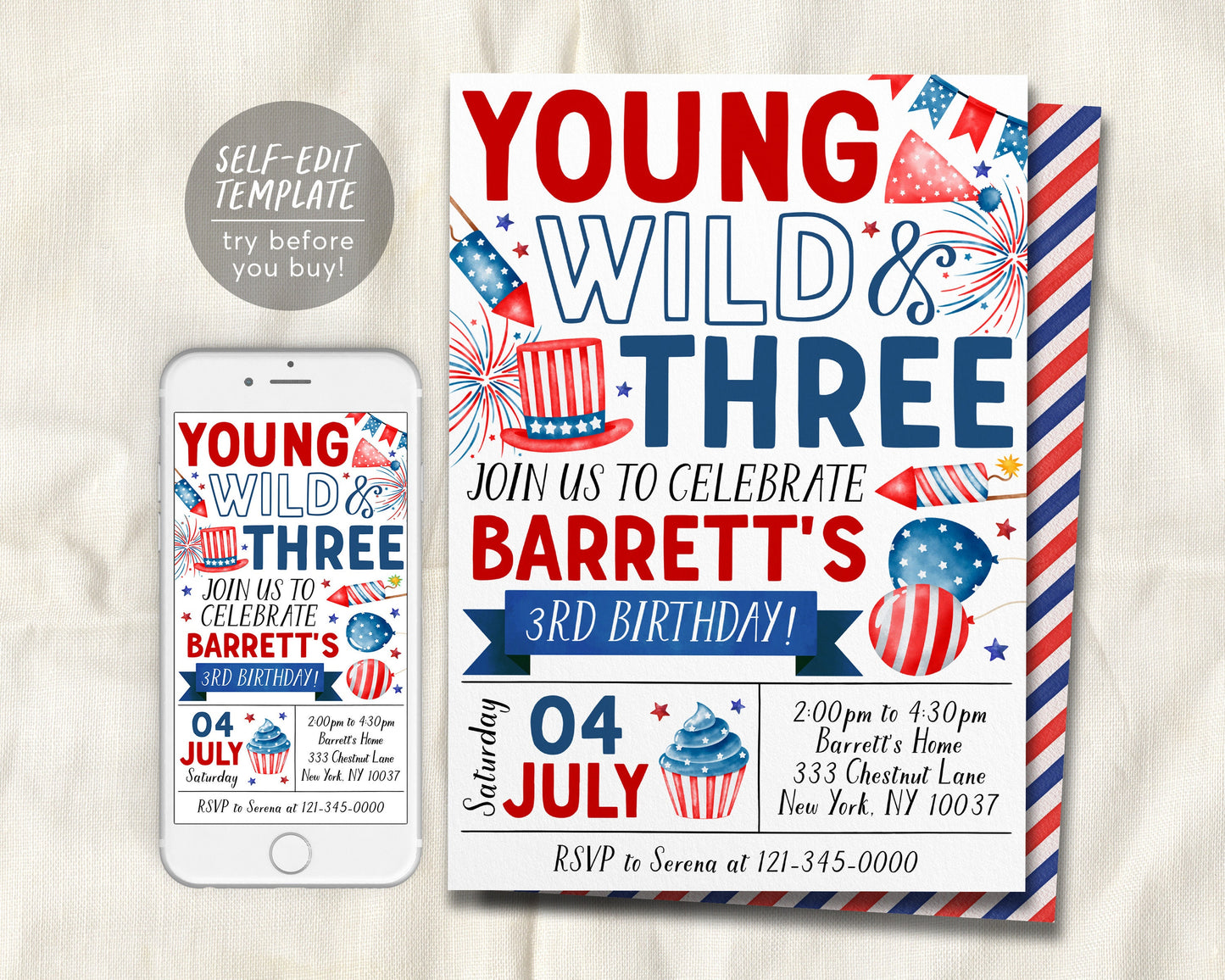 4th of July 3rd Birthday Invitation Editable Template