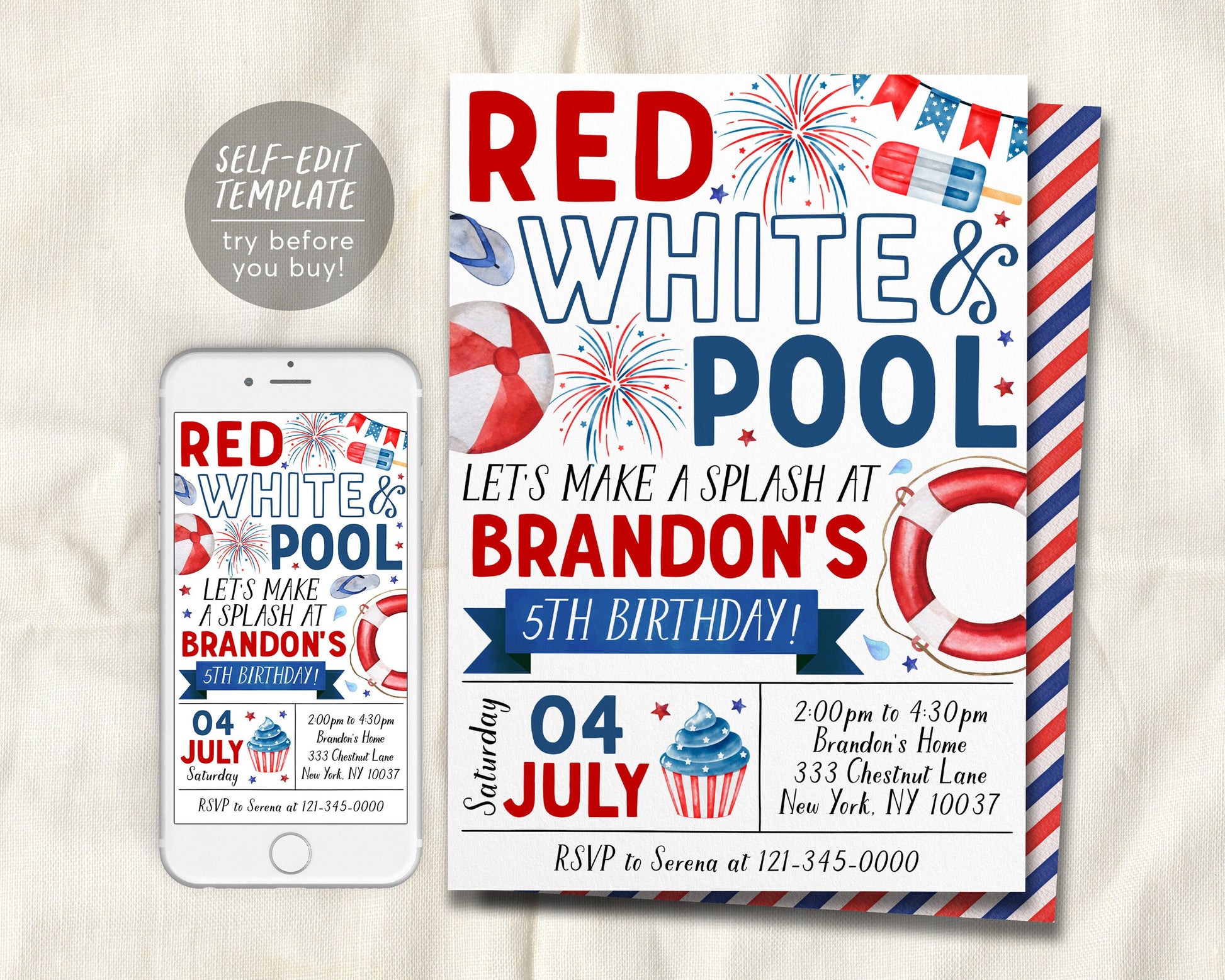 4th of July Birthday Invitation Editable Template