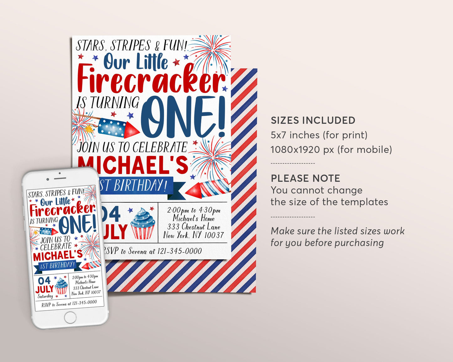 4th of July 1st Birthday Invitation Editable Template, Little Firecracker First Birthday Patriotic Party Invite Red White Blue Stars Stripes