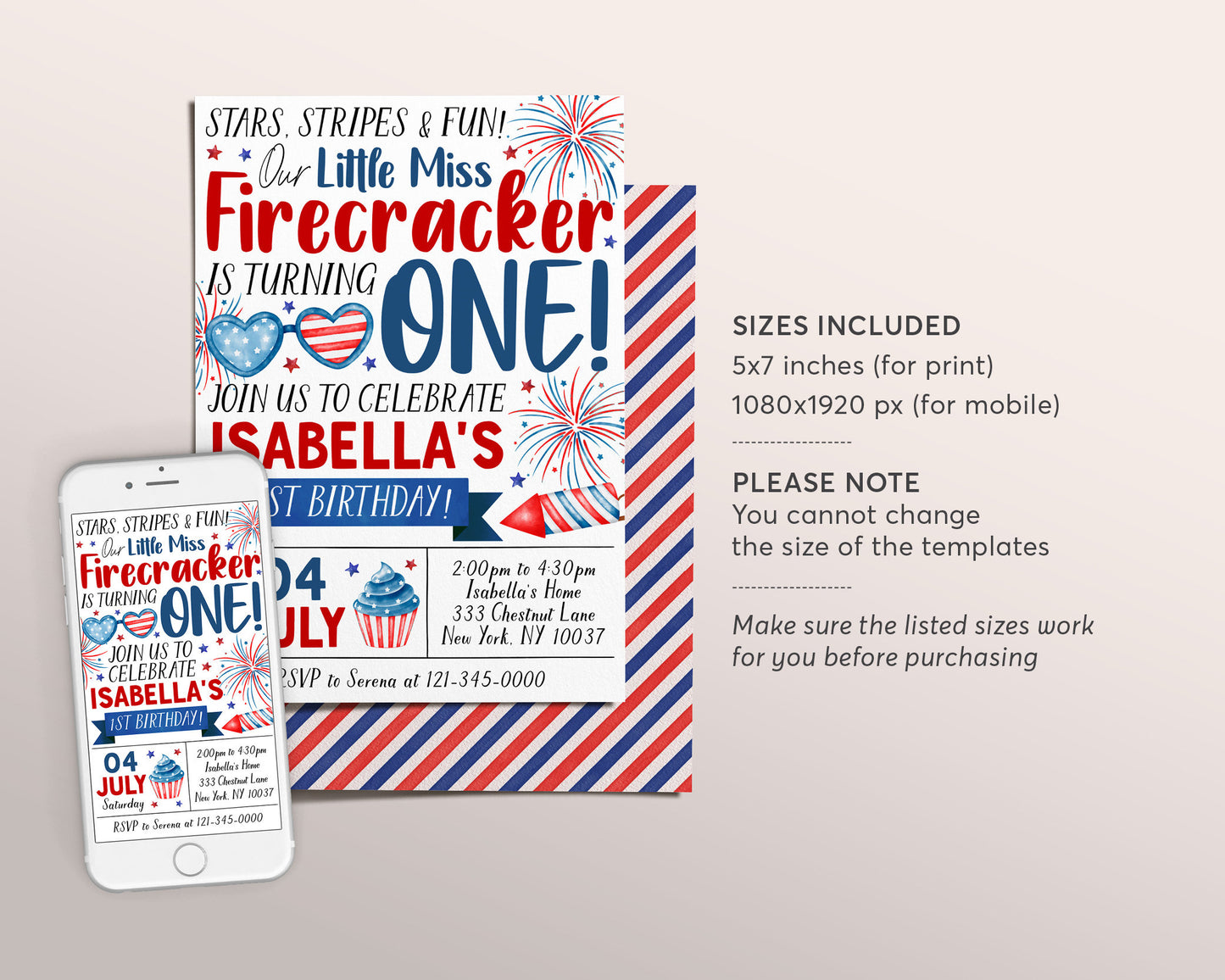 4th of July 1st Birthday Invitation Editable Template, Little Miss Firecracker First Birthday Patriotic Party Invite, Girl Red White Blue