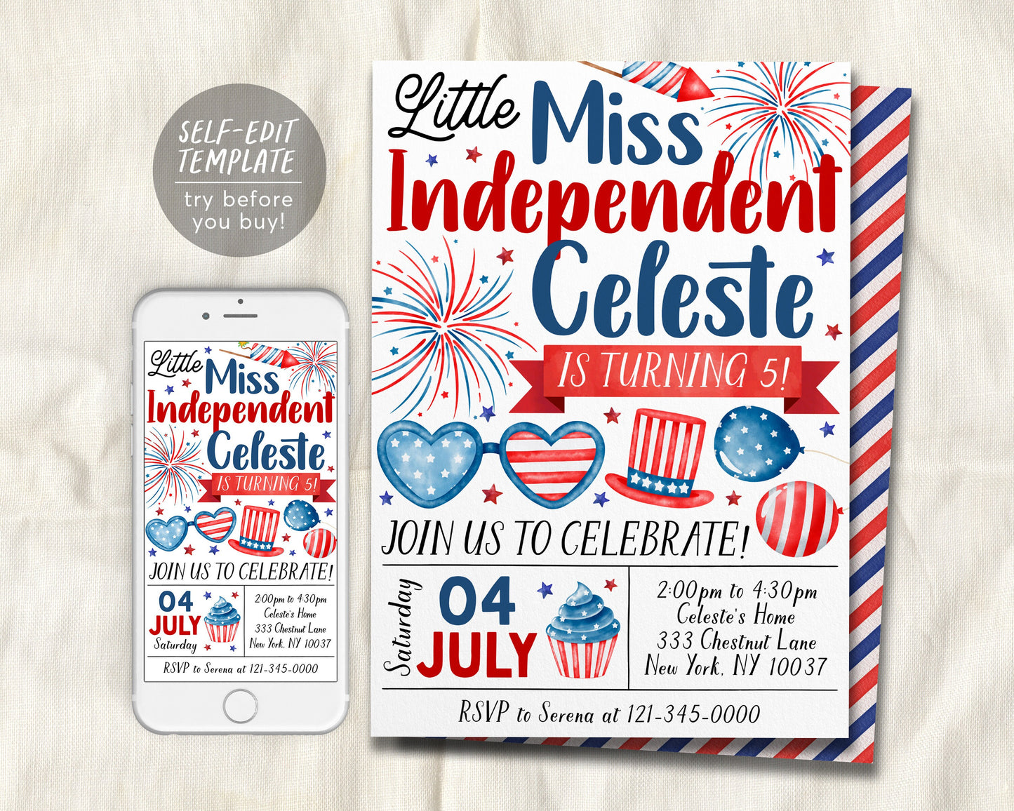 4th of July Birthday Invitation Editable Template