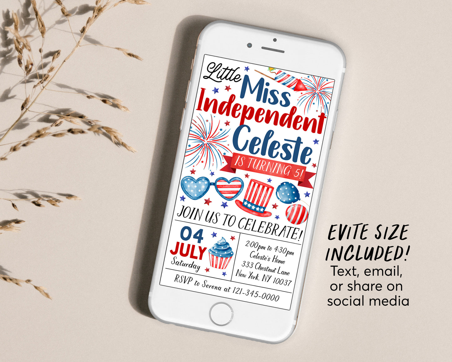 4th of July Birthday Invitation Editable Template, Little Miss Independent Patriotic Party Invite, Little Firecracker Red White Blue Evite