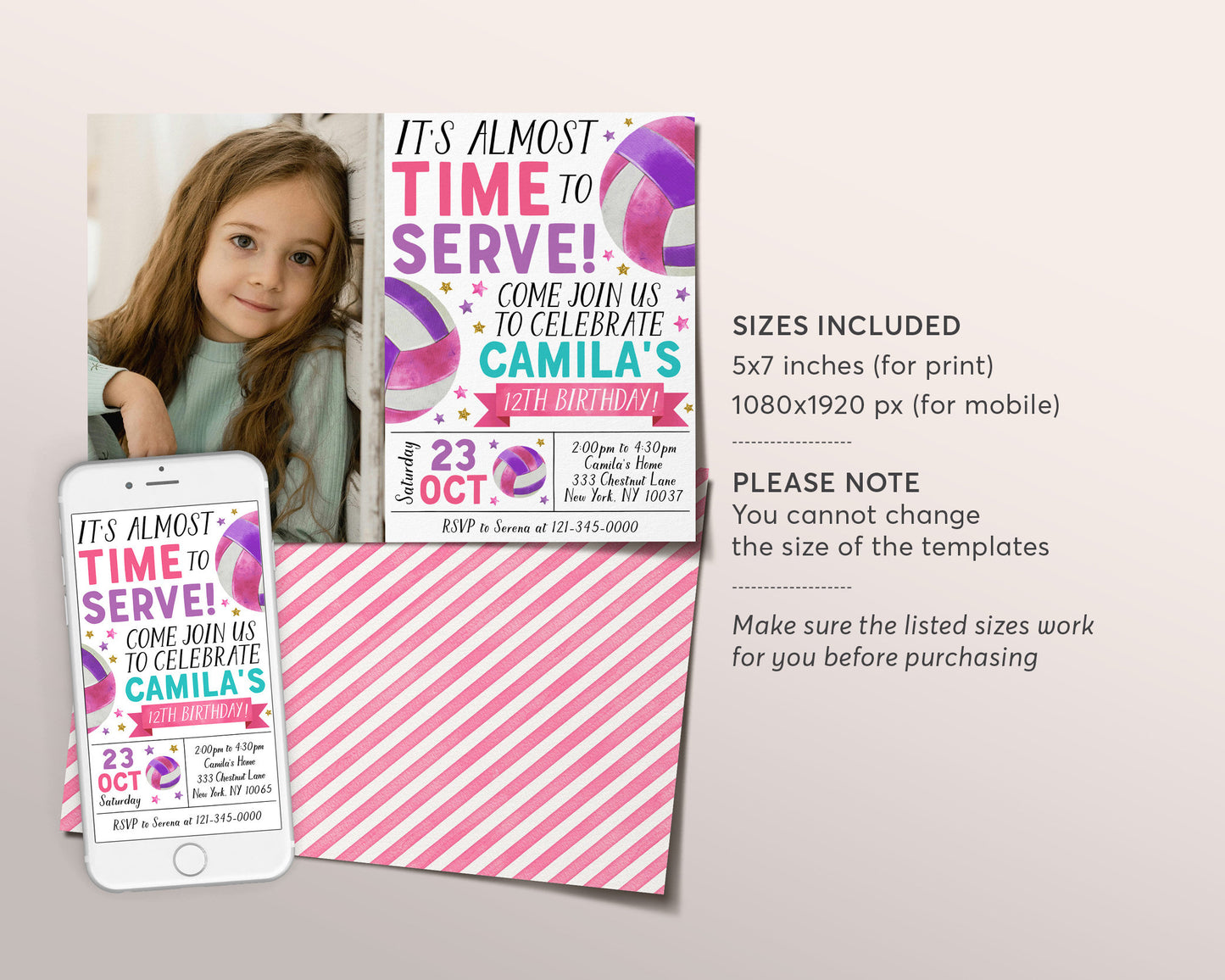 Volleyball Birthday Invitation With Photo Editable Template, Girl Volleyball Party Invite, Kids Sports Theme Evite, Volleyball Game Match