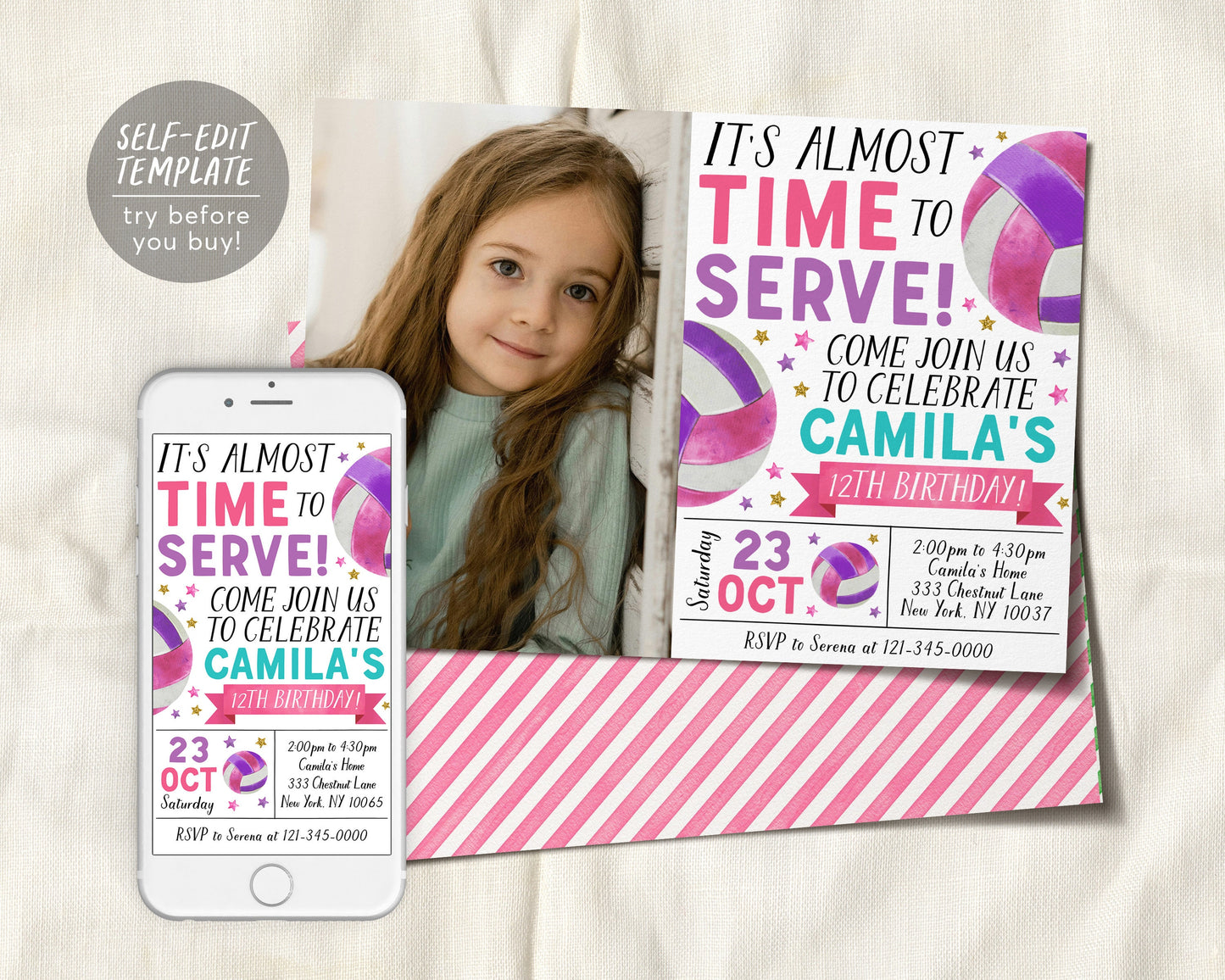 Volleyball Birthday Invitation With Photo Editable Template