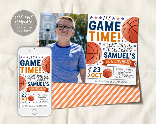 Basketball Birthday Invitation With Photo Editable Template