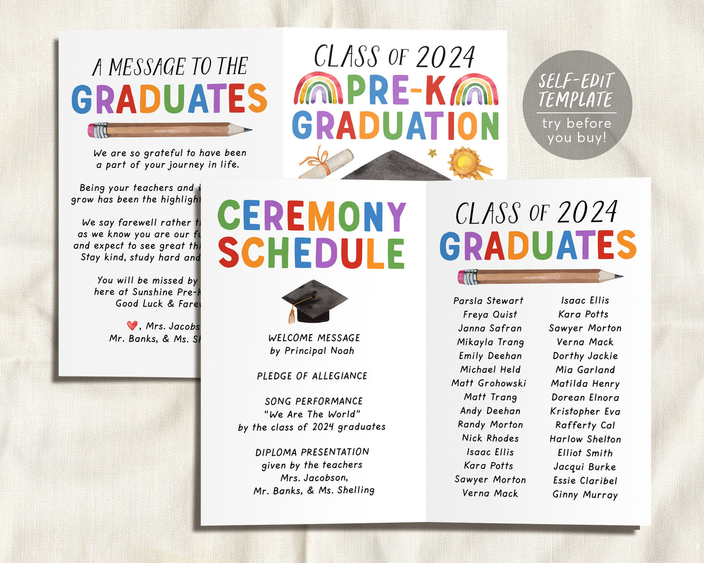 Pre-K Graduation Program Editable Template, Preschool Ceremony Program Child Care Learning Center, Pamphlet Booklet Daycare Commencement