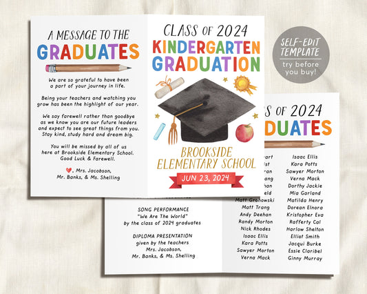 Kindergarten Graduation Program Editable Template, Pre-K Preschool Ceremony Child Care Learning Center, Pamphlet Booklet Commencement