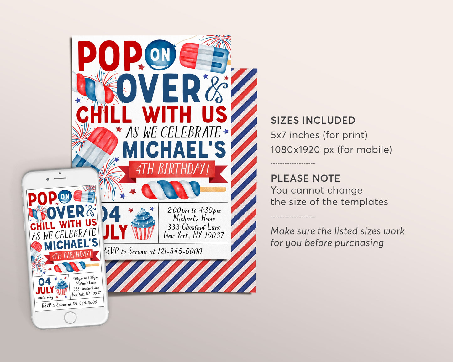 4th of July Birthday Invitation Editable Template, Popsicle Pop On Over Summer Patriotic Party Invite, Chill With Us Red White Blue Evite