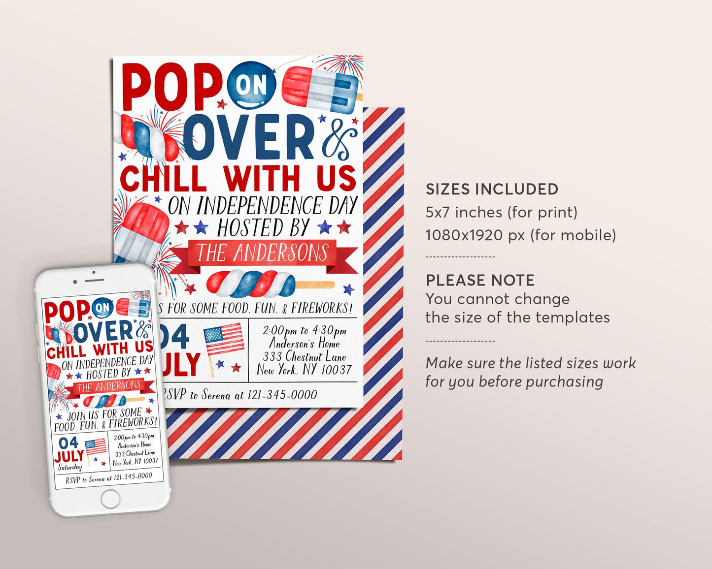 4th of July Invitation Editable Template, Popsicle Patriotic Fourth of July Party Invite, Pop on Over Celebration Evite, Independence Day