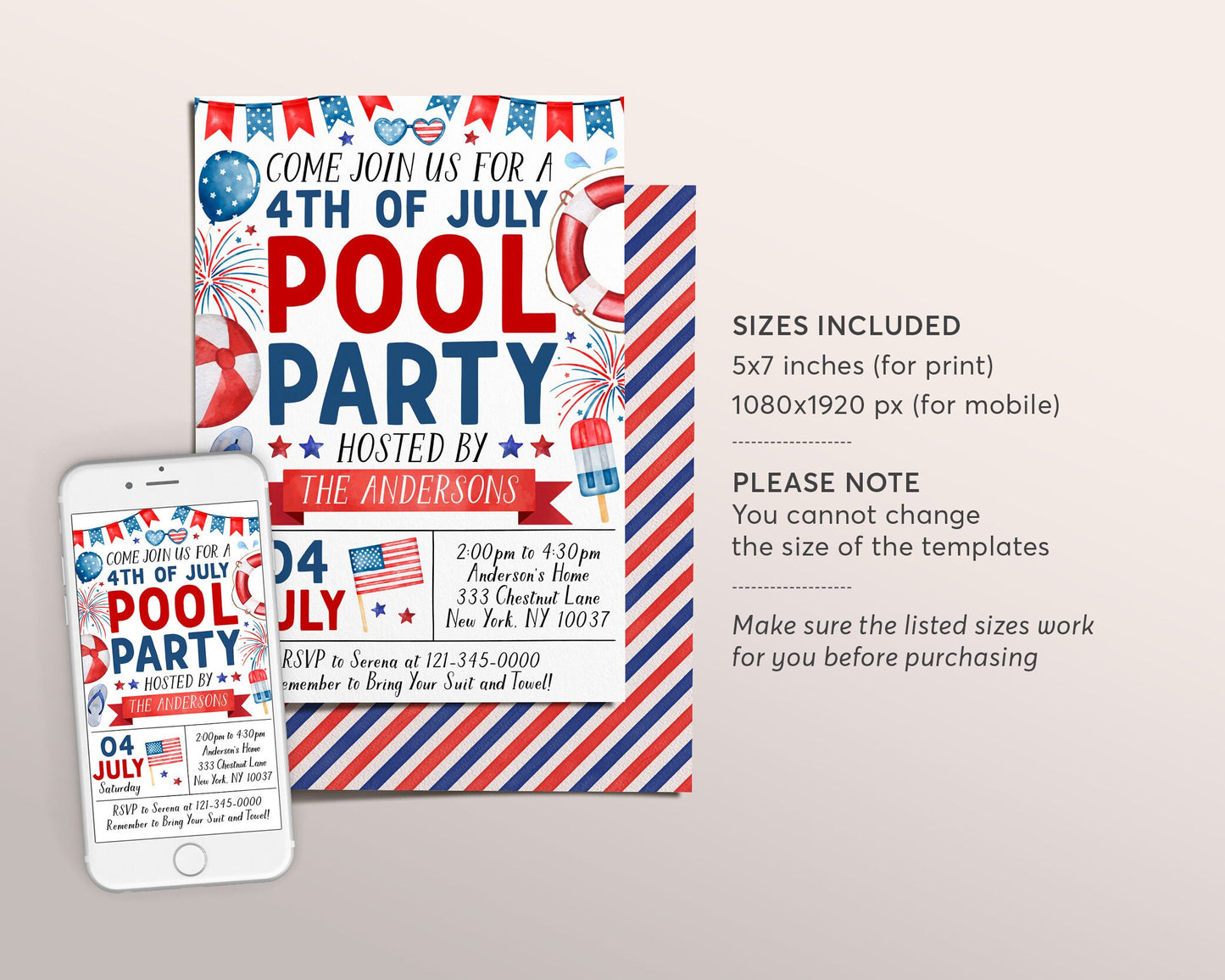 4th of July Pool Party Invitation Editable Template, Fourth of July Patriotic Swim Party Invite, Independence Day Summer Celebration Evite