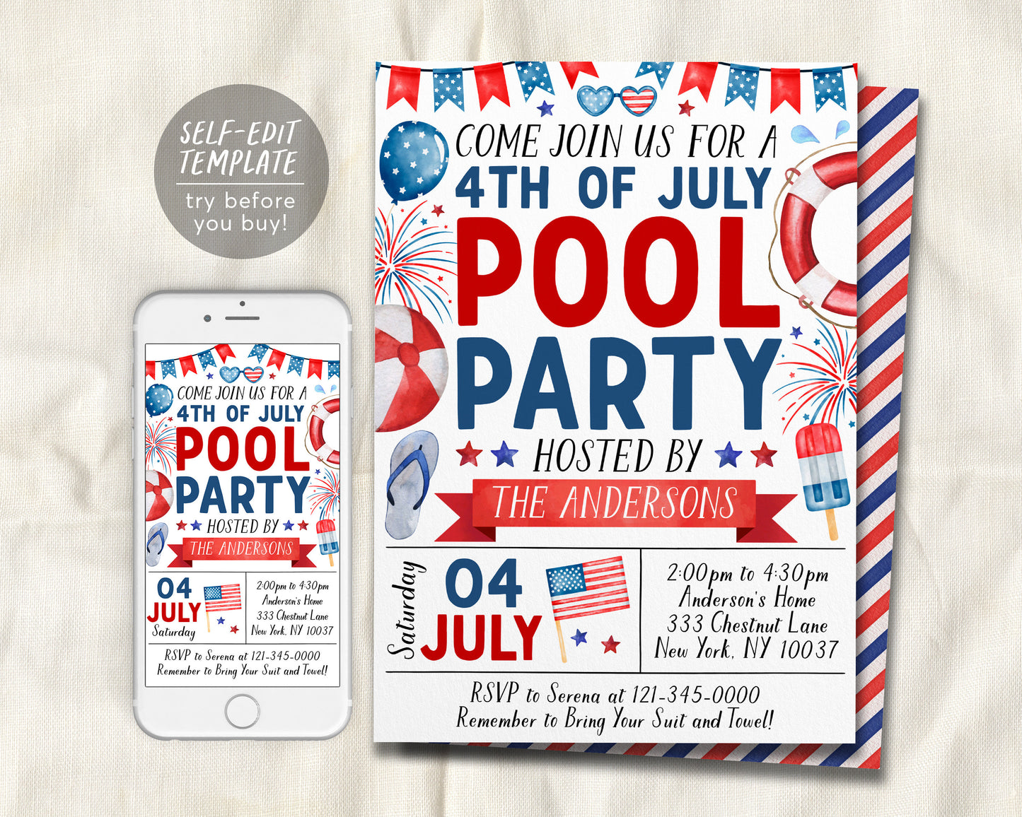 4th of July Pool Party Invitation Editable Template