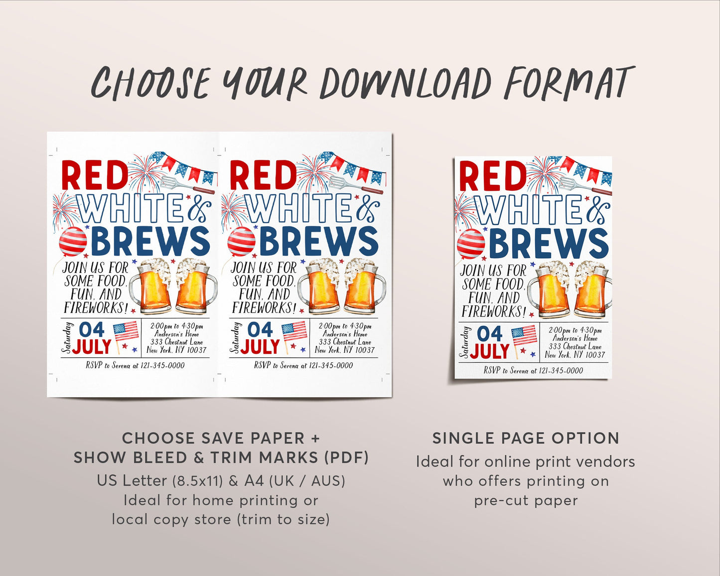 4th of July Invitation Editable Template, Red White and Brews Patriotic Fourth of July Party Invite, Independence Day BBQ Celebration Evite