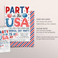 Memorial Day Invitation Editable Template, Party In The USA Patriotic Memorial Day Celebration Invite, Retro Red White and Groovy Evite