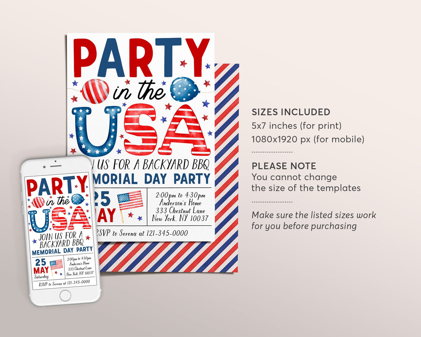 Memorial Day Invitation Editable Template, Party In The USA Patriotic Memorial Day Celebration Invite, Retro Red White and Groovy Evite