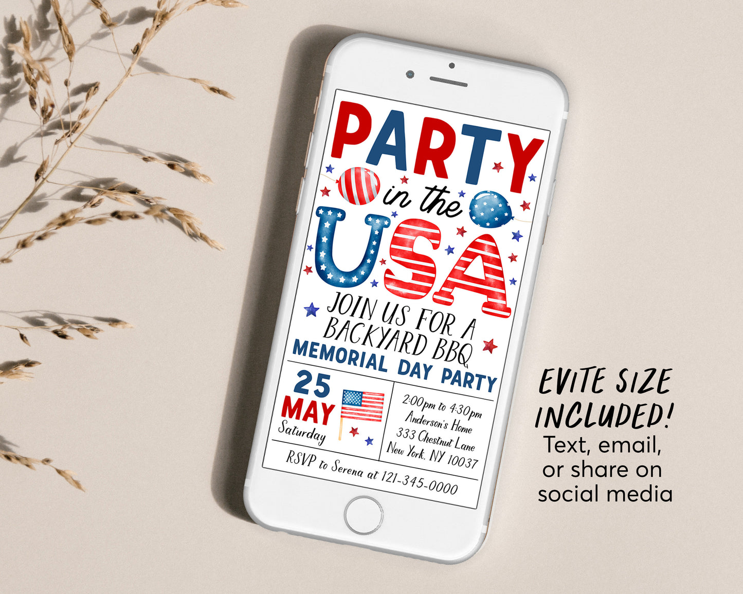Memorial Day Invitation Editable Template, Party In The USA Patriotic Memorial Day Celebration Invite, Retro Red White and Groovy Evite
