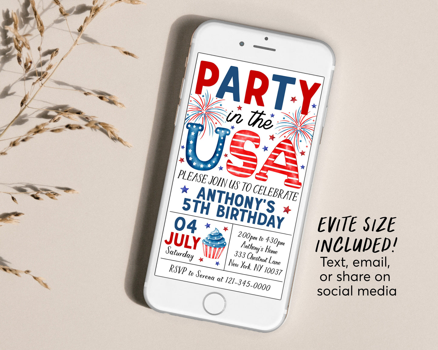 4th of July Birthday Invitation Editable Template, Party In The USA Patriotic Fourth of July Party Invite, Retro Red White Groovy BBQ Evite