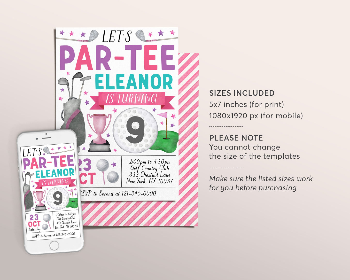 Golf Birthday Invitation Editable Template, Girl Let's Par Tee Golf Ball Party Invite, Kids Sports Theme Evite, Mini Golf Tournament