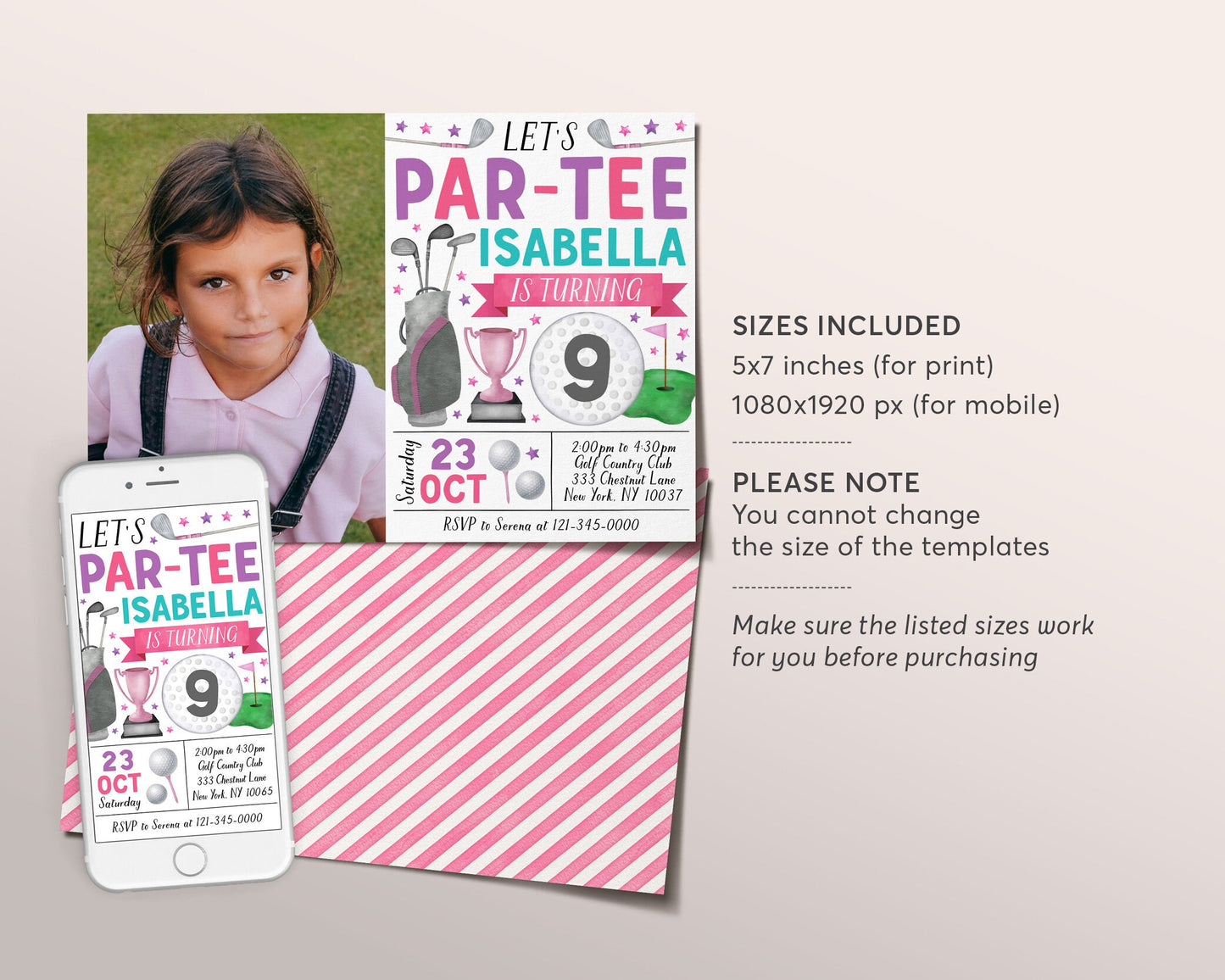 Golf Birthday Invitation With Photo Editable Template, Girl Let's Par Tee Golf Party Invite, Kids Sports Theme Evite, Mini Golf Tournament