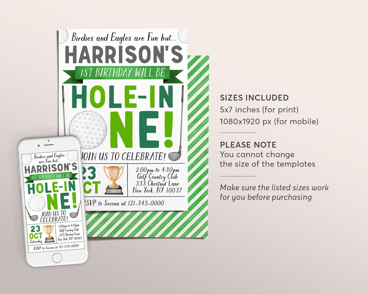 Golf First Birthday Invitation Editable Template, Boy Golf Course Hole-in-One 1st Birthday Party Invite, Sports Mini Golf Tournament Evite