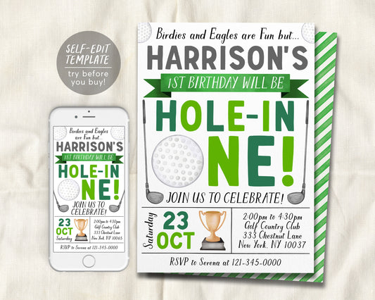 Golf First Birthday Invitation Editable Template