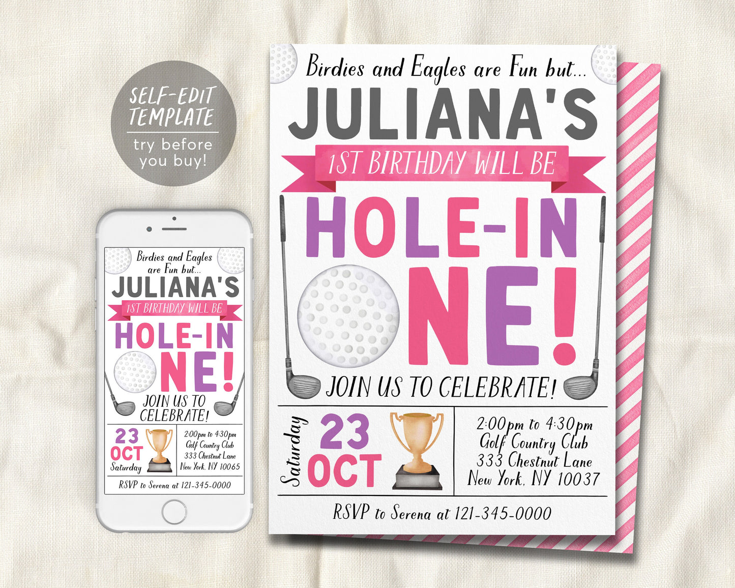 Golf First Birthday Invitation Editable Template