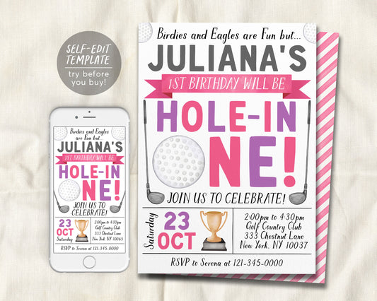 Golf First Birthday Invitation Editable Template