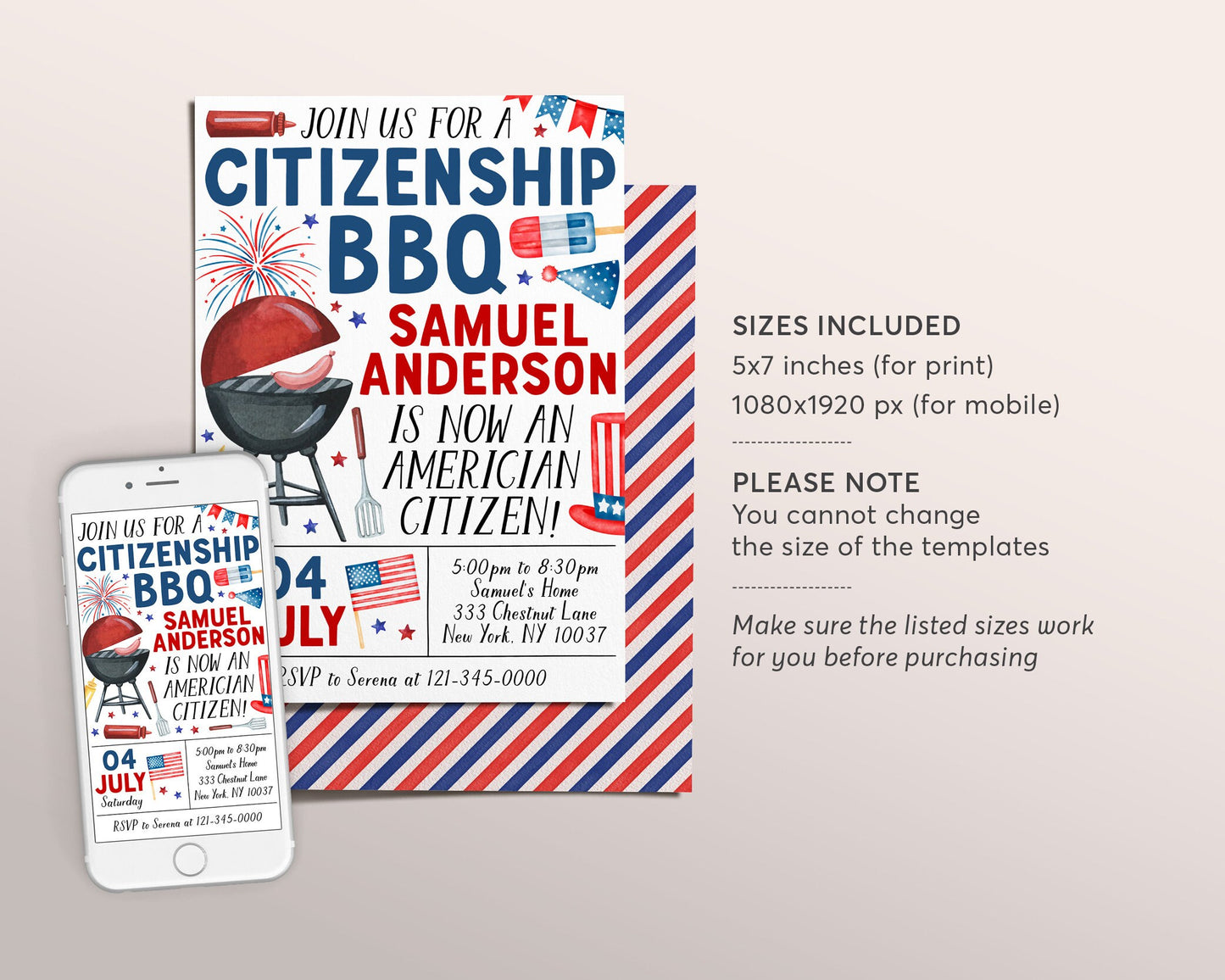 US Citizenship BBQ Party Invitation Editable Template, Naturalization American New Citizenship Celebration Invite, US Theme 4th of July