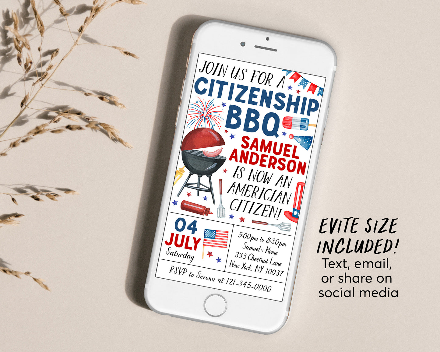 US Citizenship BBQ Party Invitation Editable Template, Naturalization American New Citizenship Celebration Invite, US Theme 4th of July