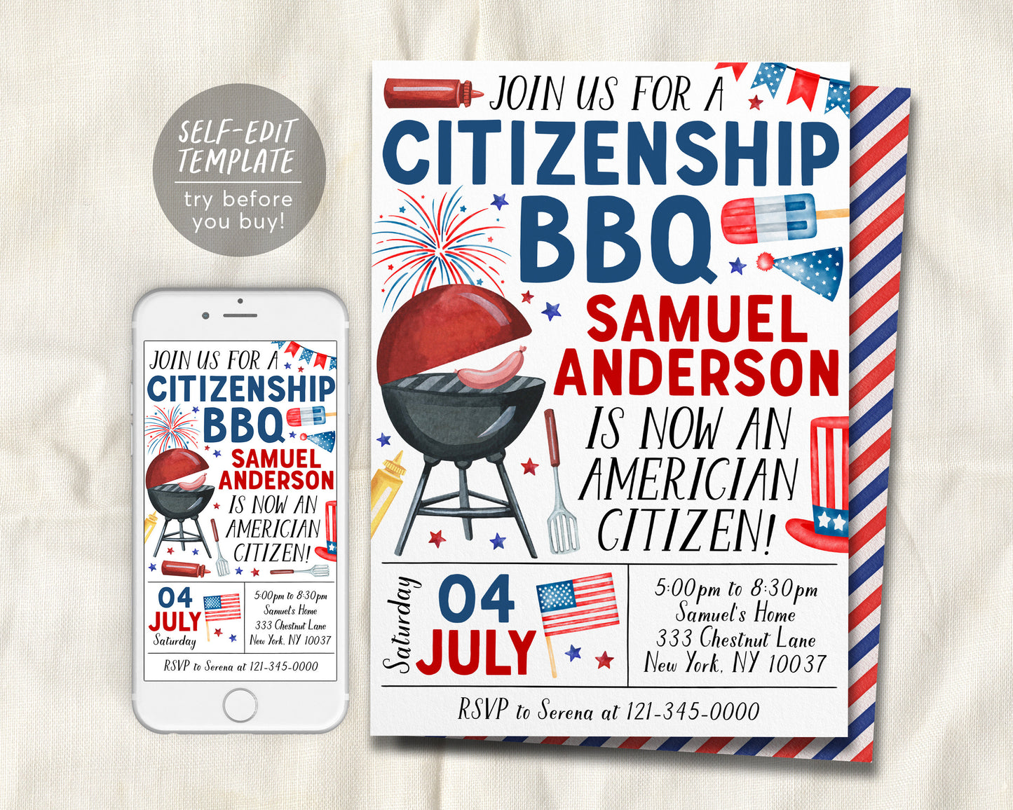 US Citizenship BBQ Party Invitation Editable Template