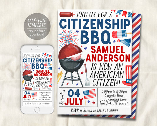 US Citizenship BBQ Party Invitation Editable Template