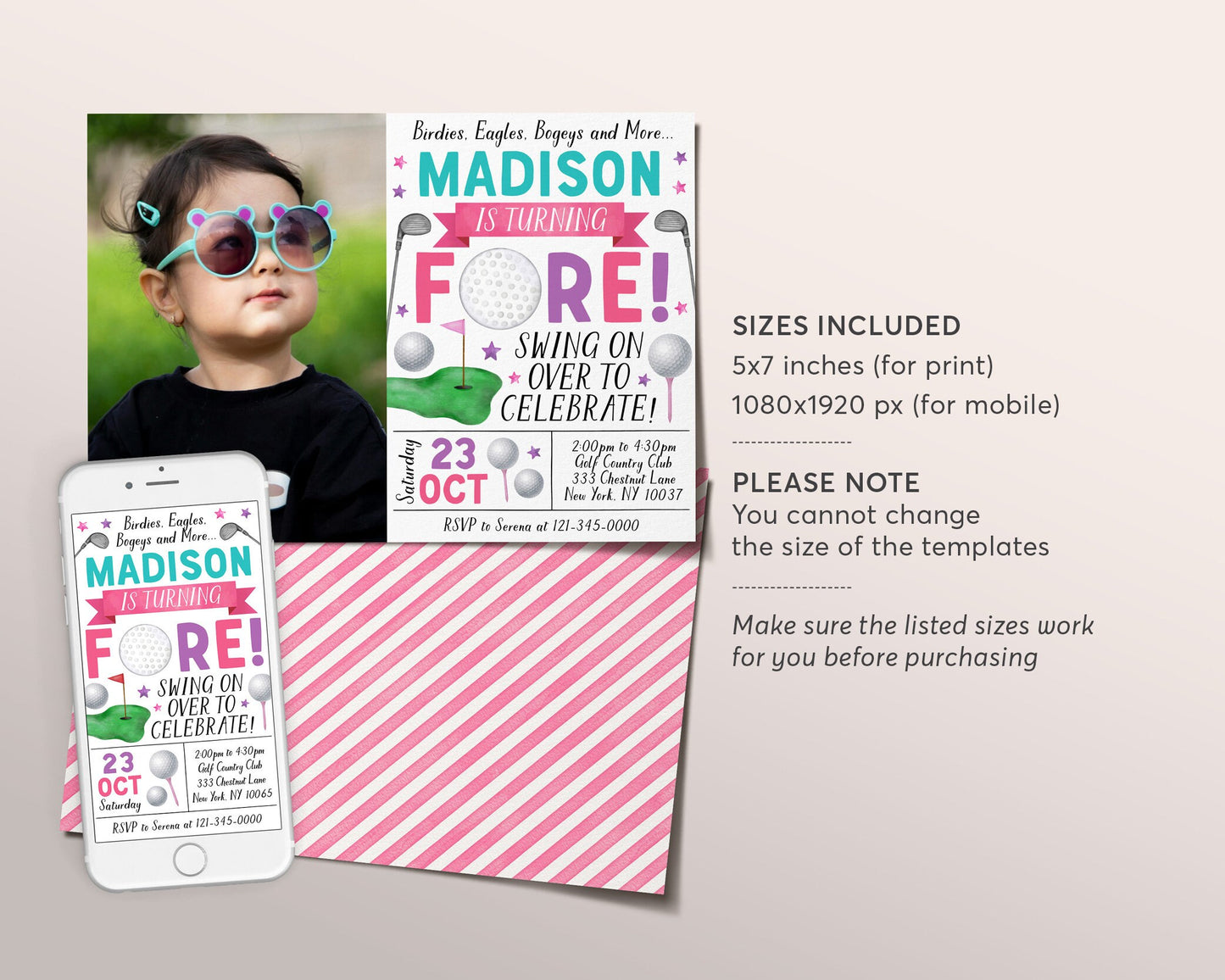 Golf Fourth Birthday Invitation With Photo Editable Template, Girl Golf Course Fore 4th Birthday Party Invite, Sports Theme Evite Mini Golf