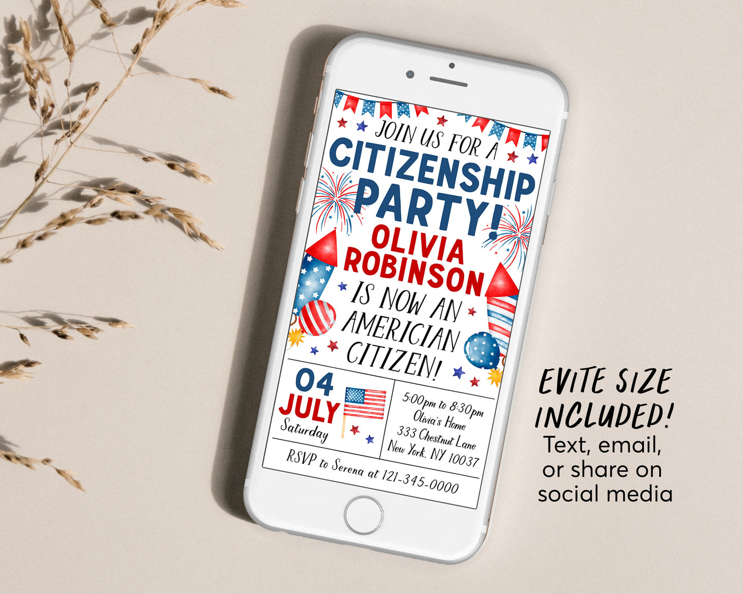 US Citizenship Party Invitation Editable Template, Naturalization American New Citizenship Celebration Invite, US Theme 4th of July