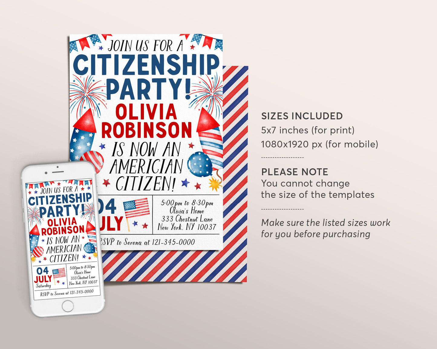 US Citizenship Party Invitation Editable Template, Naturalization American New Citizenship Celebration Invite, US Theme 4th of July
