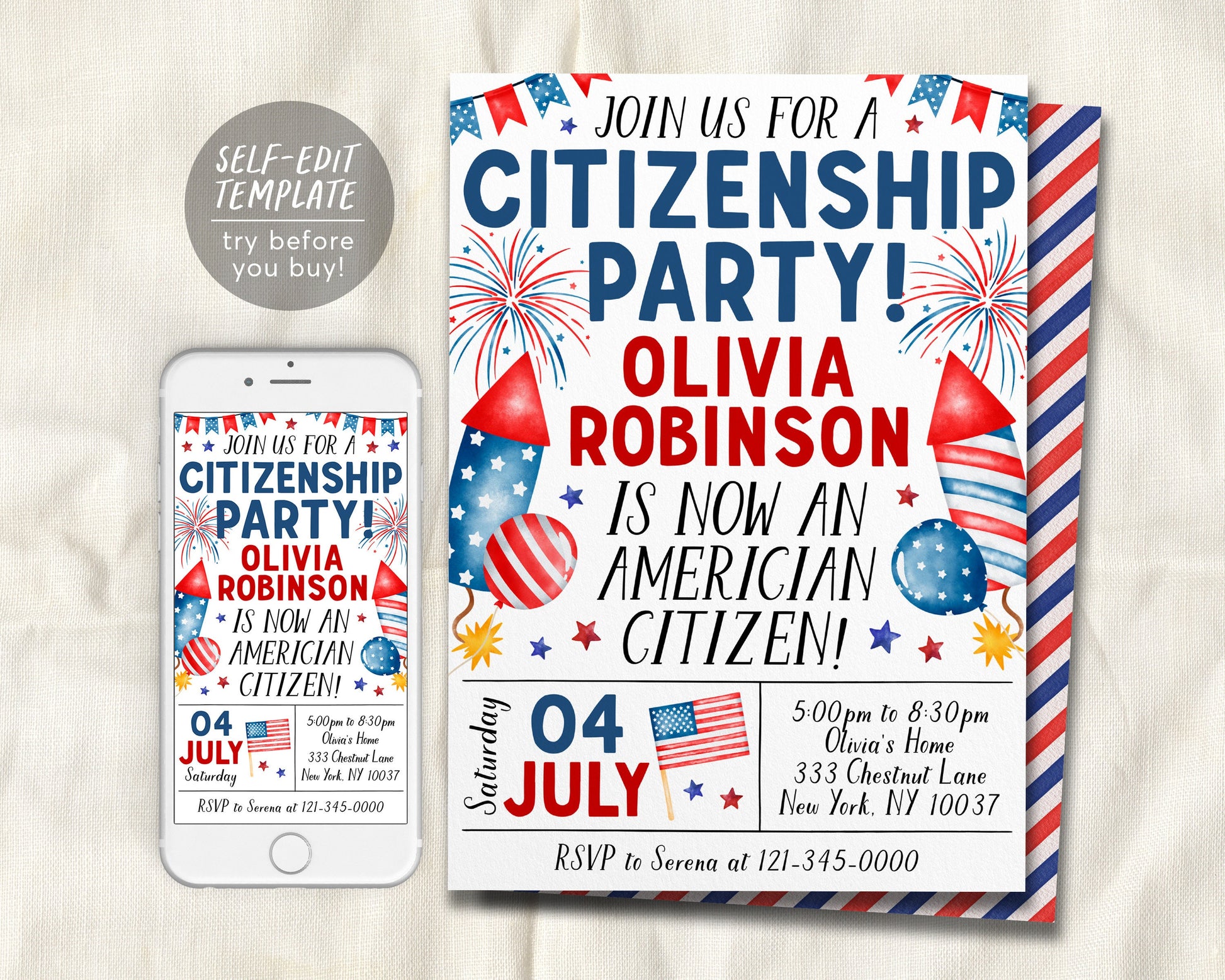 US Citizenship Party Invitation Editable Template