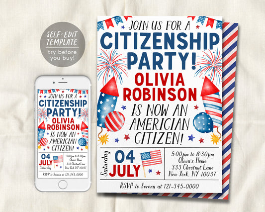 US Citizenship Party Invitation Editable Template