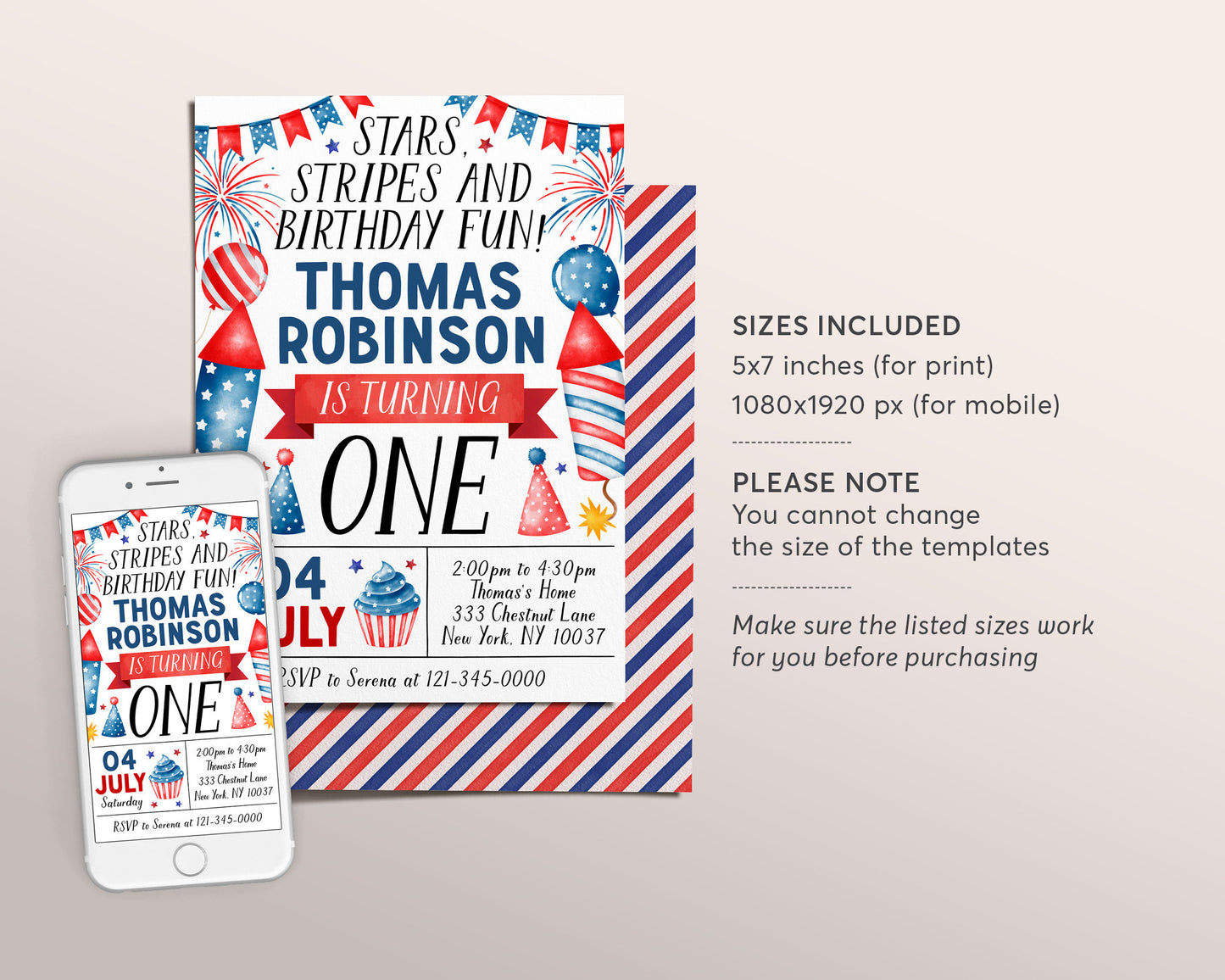 4th of July Birthday Invitation Editable Template, Star Stripes And Fun First Birthday Any Age Patriotic Party Invite, Red White Blue Evite