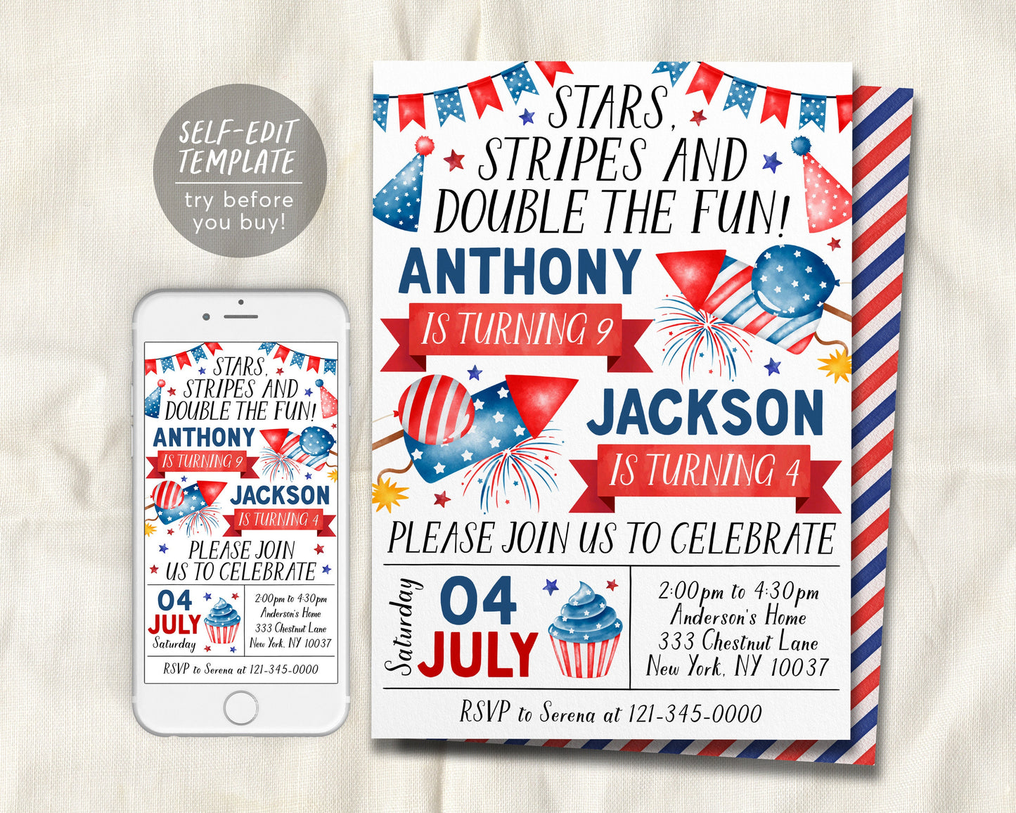 4th of July Joint Siblings Birthday Invitation Editable Template